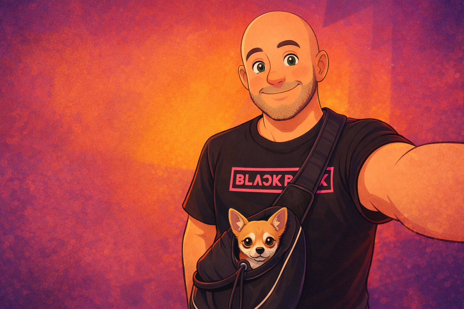 Illustrated portrait of Nick Quick with his chihuahua Butters in a sling